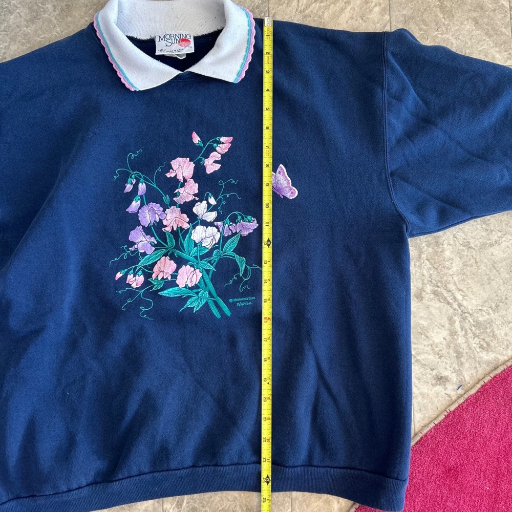 Vintage‎ 90s Morning Sun Sweatshirt Floral Butterfly Collared cottagecore - Picture 2 of 7